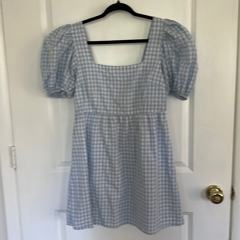 Blue gingham puff sleeve dress